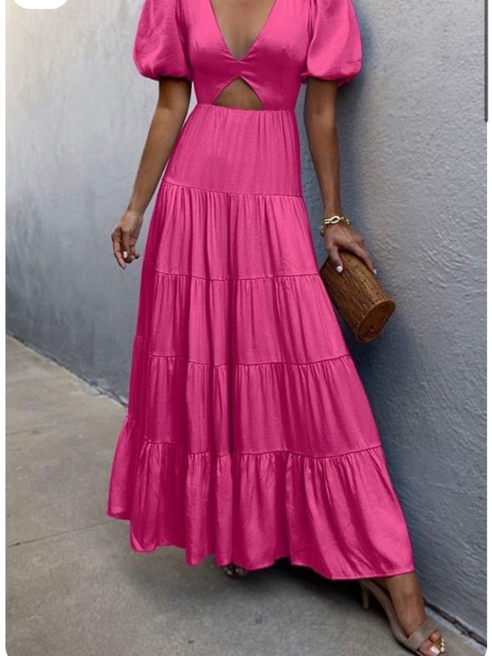 Bright Pink Tiered Maxi Dress with Puff Sleeves and Cutout